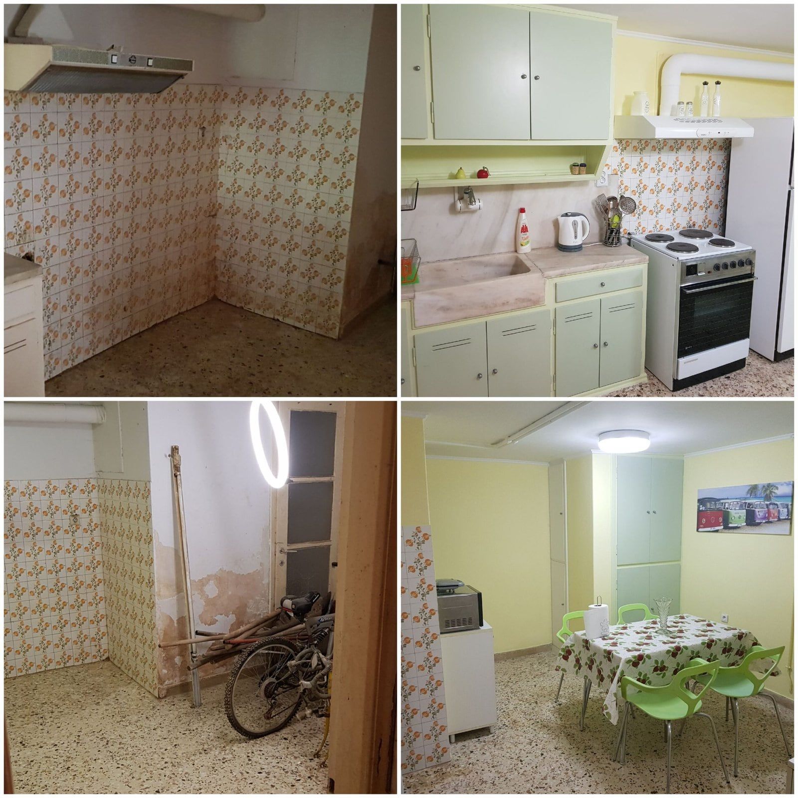 Κουζίνα πριν και μετά την ανακαίνιση, διαμέρισμα Airbnb στο Χαλάνδρι